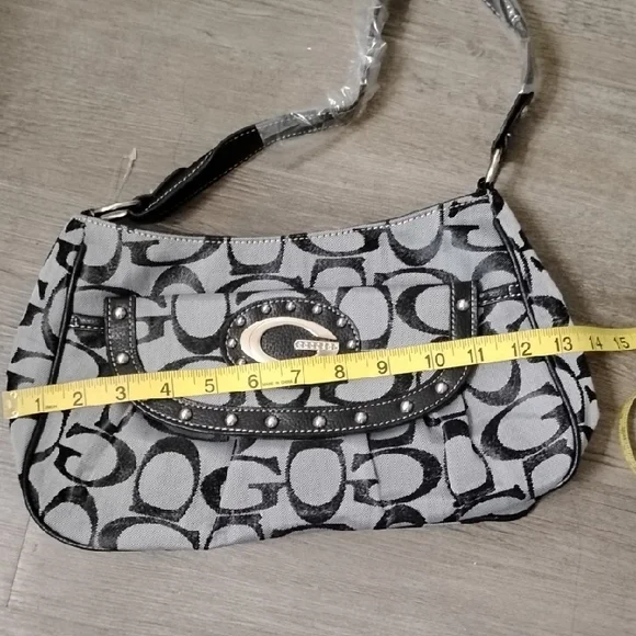 Guess Black and Gray Signature Canvas Shoulder Bag with Studded Flap - Picture 8 of 10